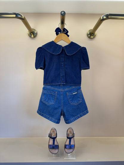 Conjunto Infantil Blusa Jeans Bordada Flores e Short Jeans Branco - Luluzinha