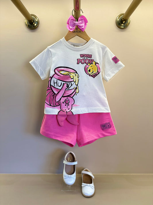 Conjunto Infantil Blusa Pooh Hunny Bege Vanilla e Shorts Rosa - Animê Petite