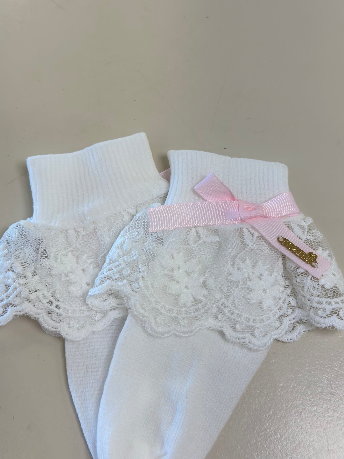 Meia Infantil Clássica Renda Lacinho Rosa Claro - Roana