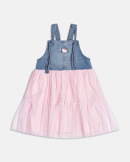 Vestido Infantil Jeans com Tule Rosa Hello Kitty - Momi