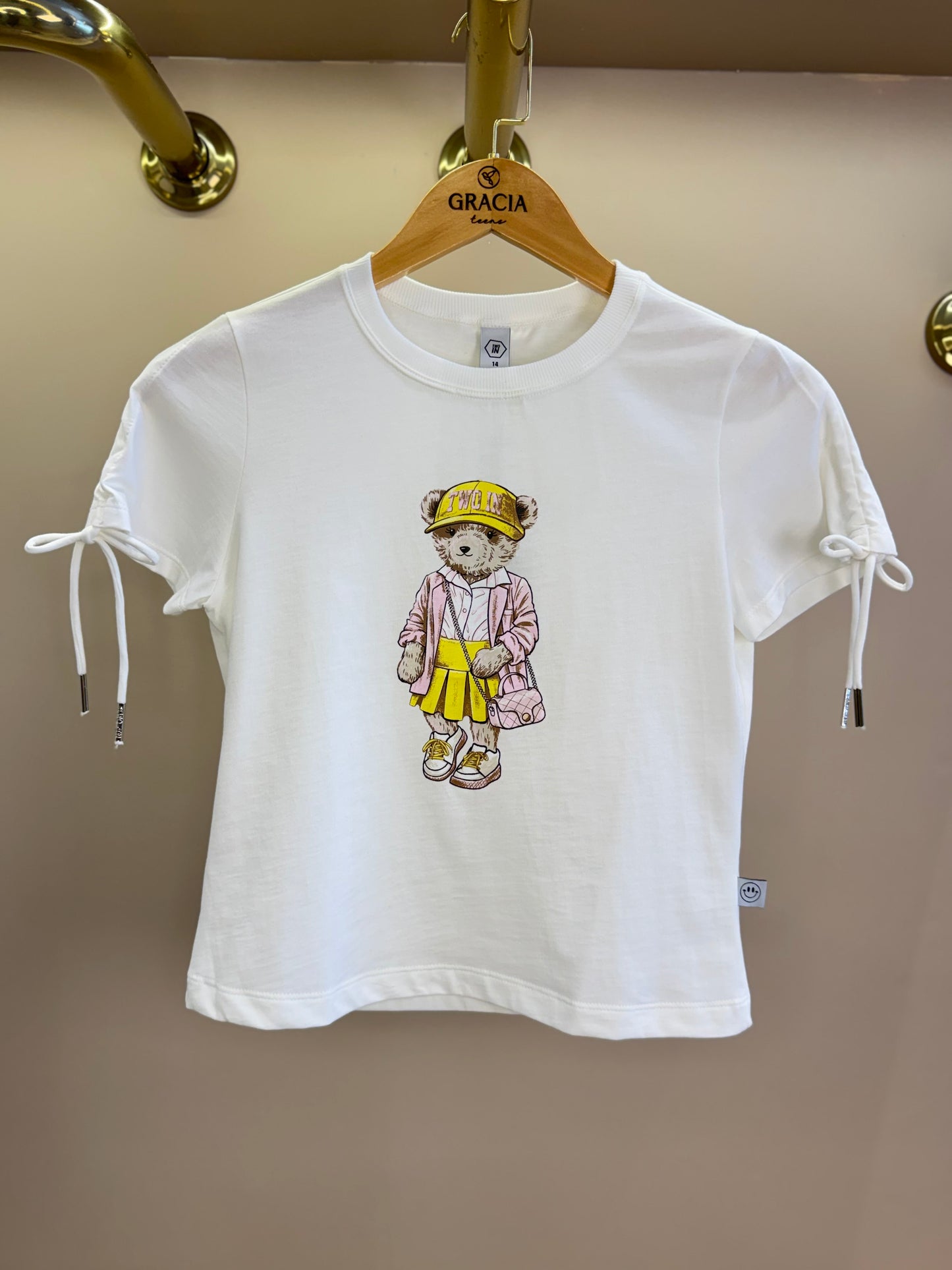 Camiseta Teen Baby Look Ursinho Amarração Mangas Off White - Two In
