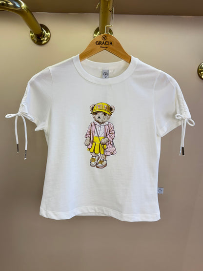 Camiseta Teen Baby Look Ursinho Amarração Mangas Off White - Two In