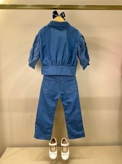 Conjunto Infantil Jaqueta e Calça Jeans Bordada Tule Flores - Animê