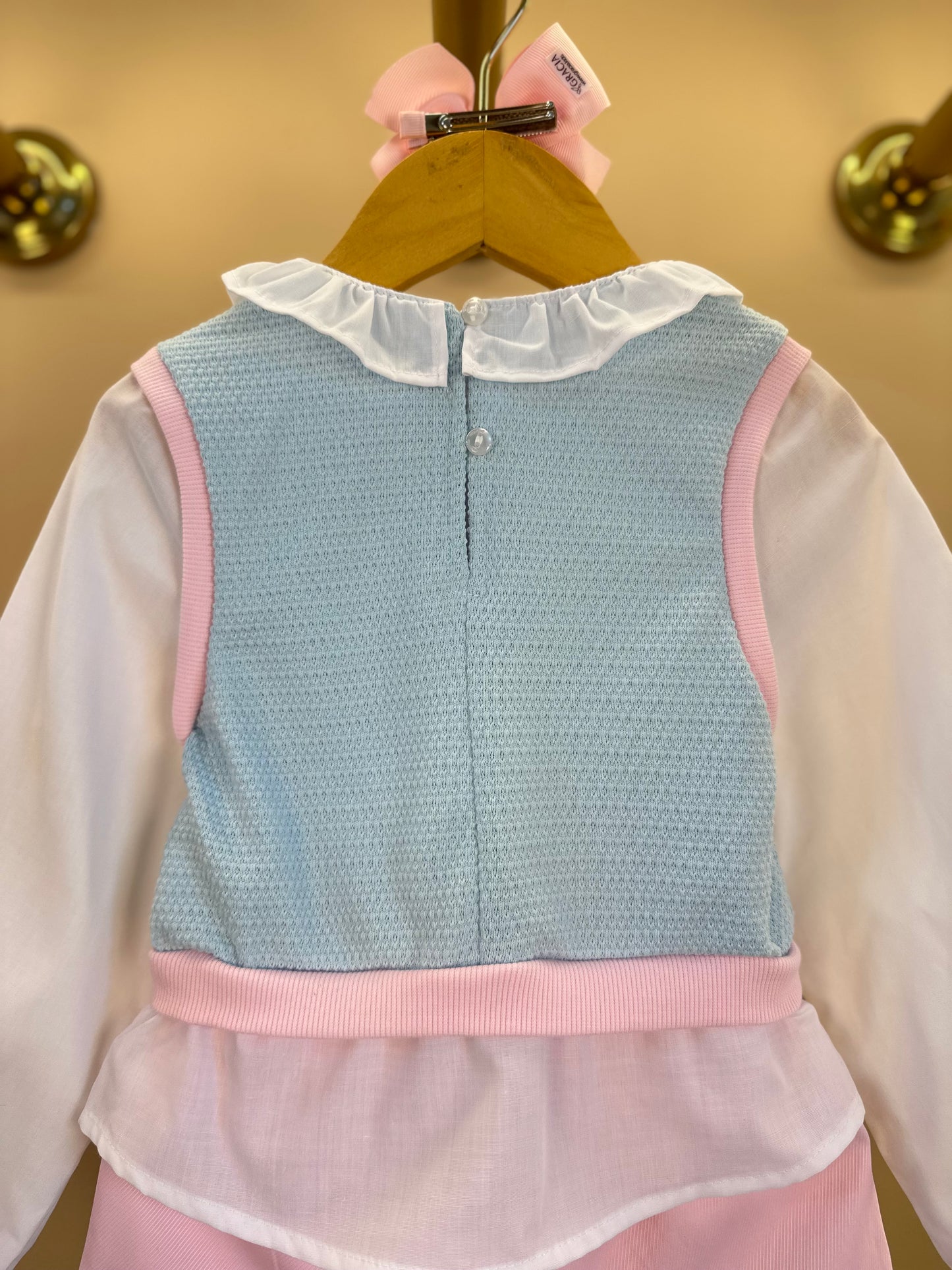 Conjunto Infantil Blusa ML com Tricot Azul Ursinho Cristal e Shorst Rosa - Gabriela Aquarela