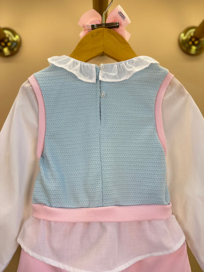 Conjunto Infantil Blusa ML com Tricot Azul Ursinho Cristal e Shorst Rosa - Gabriela Aquarela