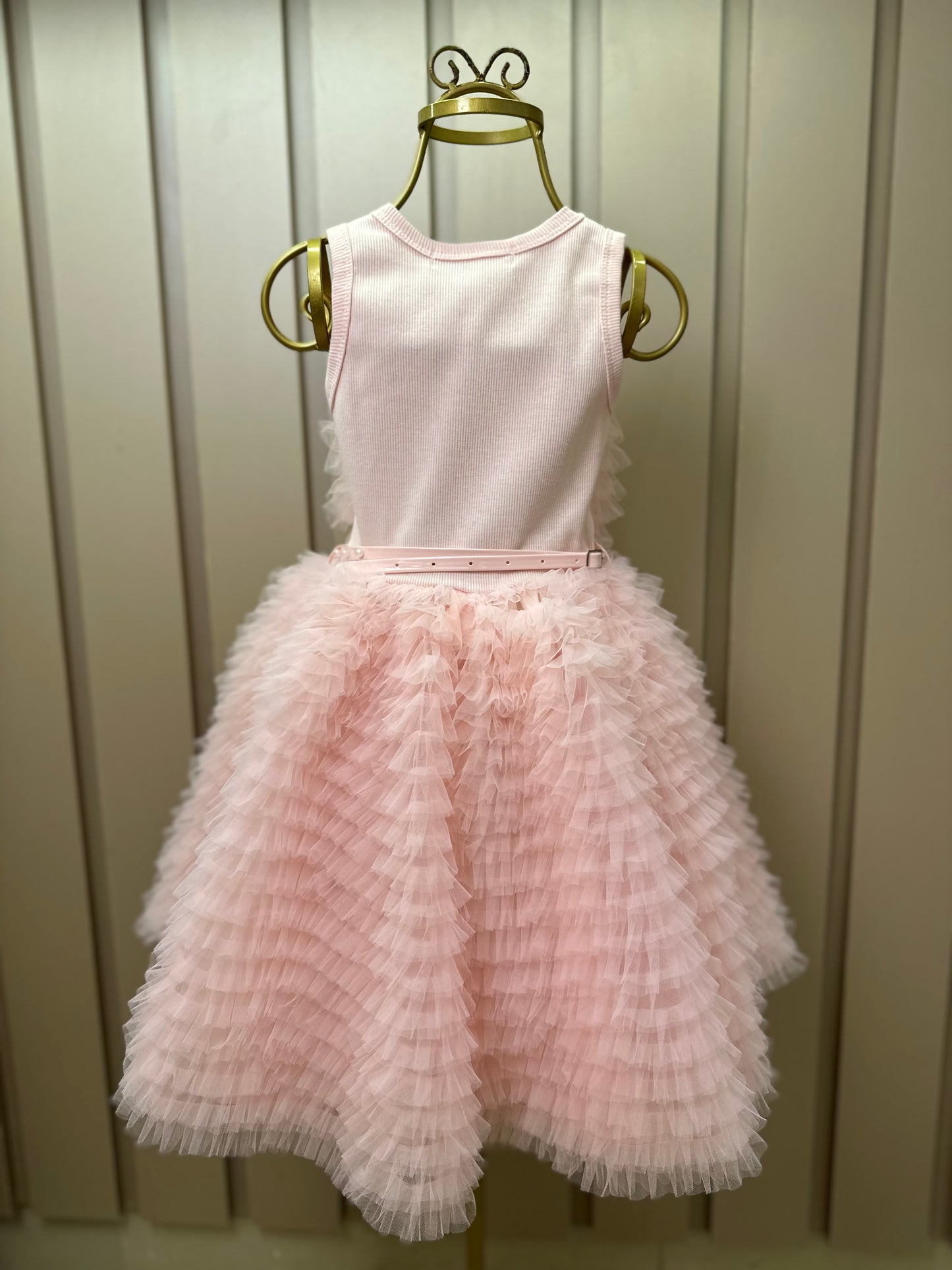 Vestido Infantil Conceito Frufru Tule Cinto Pérola Rosa Gelado - Pituchinhus