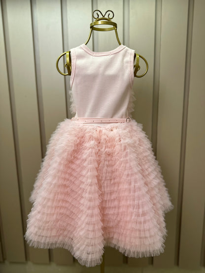Vestido Infantil Conceito Frufru Tule Cinto Pérola Rosa Gelado - Pituchinhus