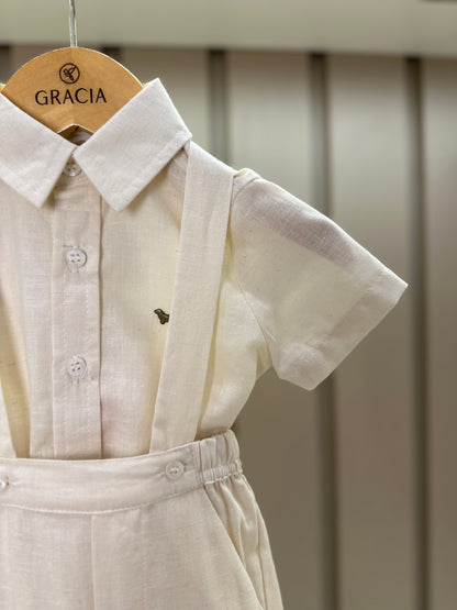 Conjunto Bebê Body, Bermuda e Suspensório Cambraia Linho de Algodão Off White - Um Mais Um
