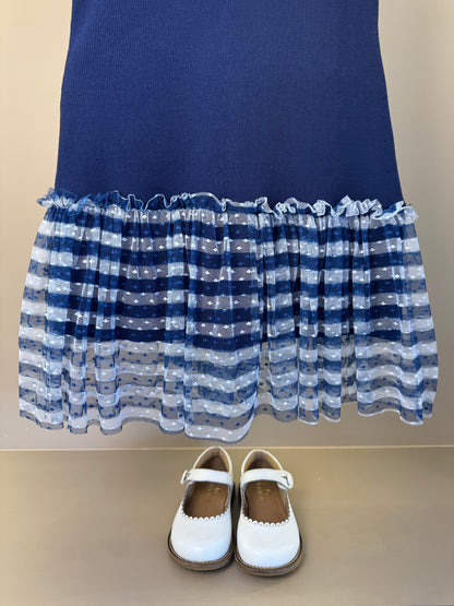 Vestido Infantil Tule Estampado Com Aplicação de Crochê e Laço de Vies - Luluzinha