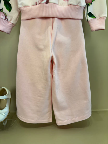 Conjunto Infantil Casaco Moletom Floral Babados e Calça Wide Leg Lateral Glitter Rosa - Luluzinha