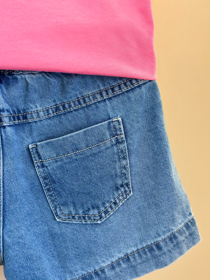 Conjunto Infantil Camiseta e Shorts Jeans Leitão & Pooh Rosa Cherry Donut - Animê Petite