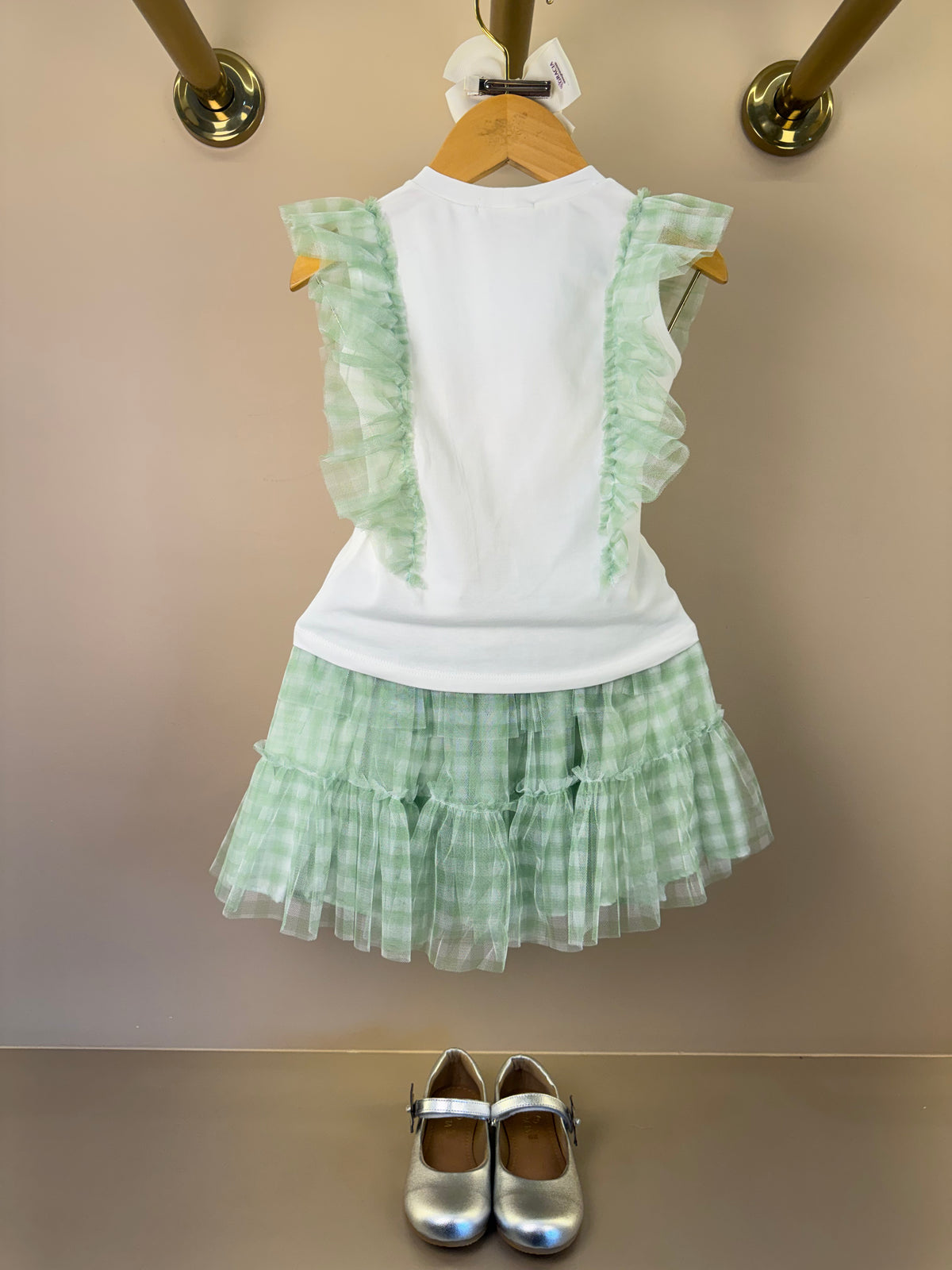 Conjunto Infantil Blusa Strass Flores e Saia Quadriculada Verde - Petit Cherie