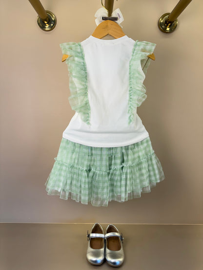 Conjunto Infantil Blusa Strass Flores e Saia Quadriculada Verde - Petit Cherie