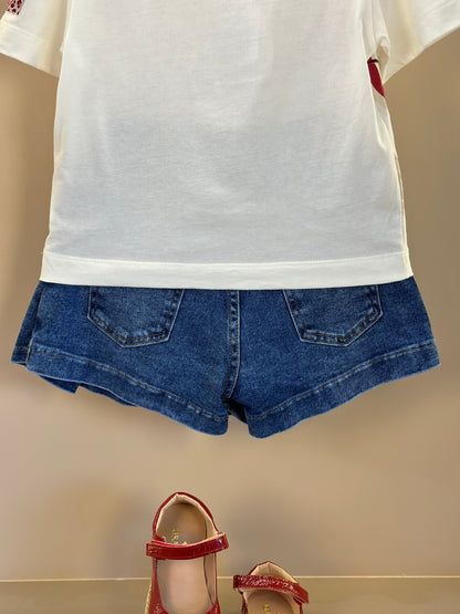 Conjunto Infantil Blusa Minnie & Mickey Berry Pérola e Saia-shorts Jeans Pregas - Animê