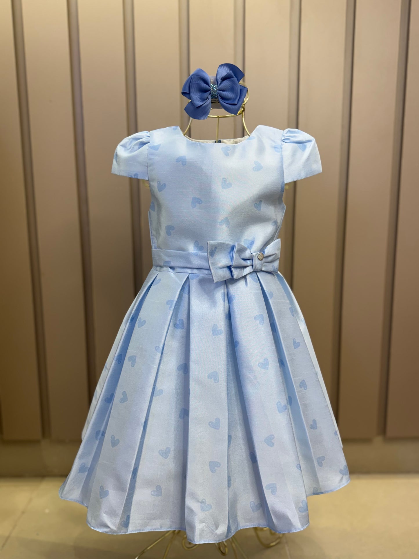 Vestido Infantil Festa Azul Corações Laço Cintura - Mon Sucré