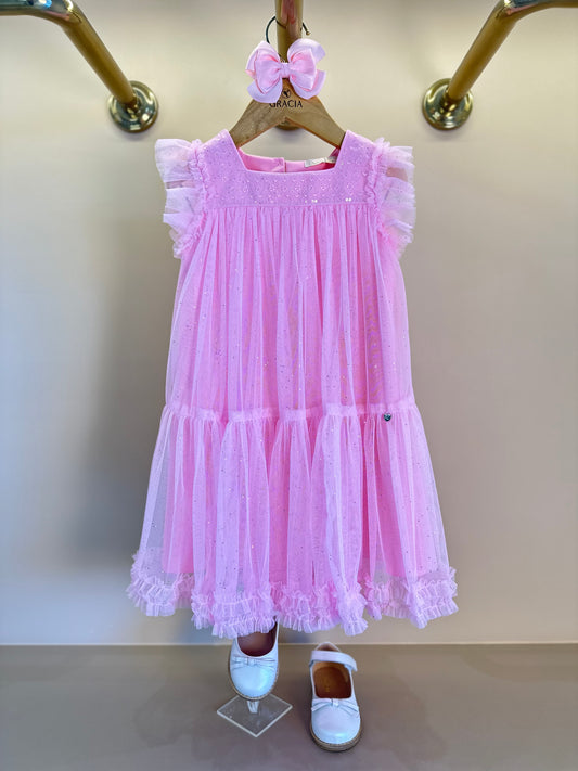 Vestido Infantil Trapézio Tule Glitter Bordado Rosa Baby - Petit Cherie