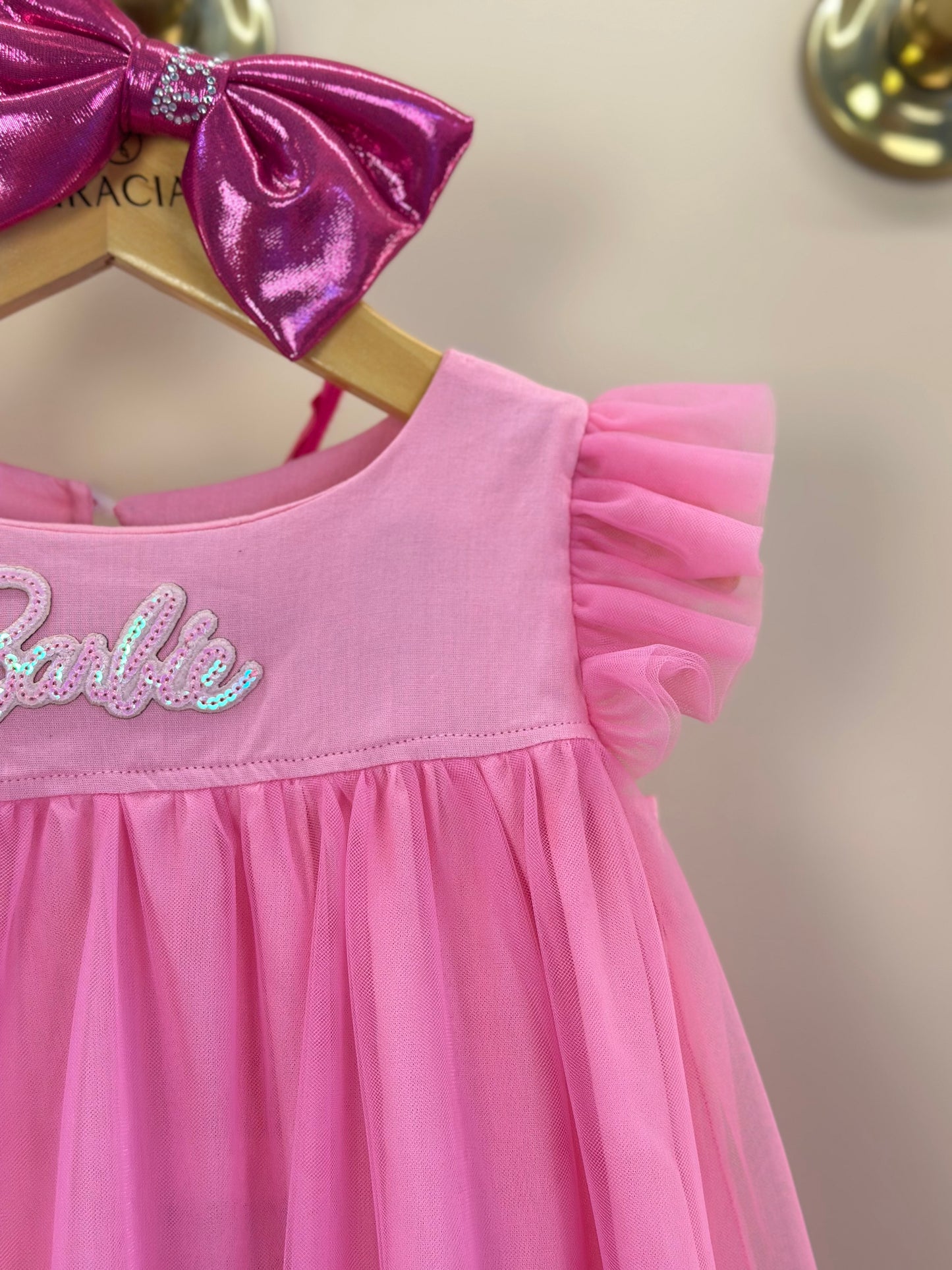 Vestido Infantil Tule Patche Barbie Rosa Ópera - Pituchinhus