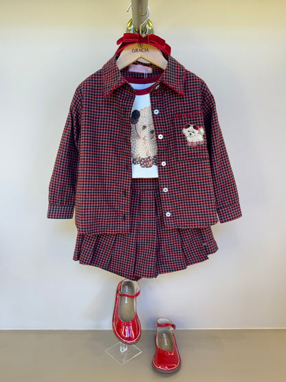 Conjunto Infantil Trio Xadrez Camisa Max Patche Cachorrinho, Blusa Cristais e Saia-shorts Pregas - Pituchinhus