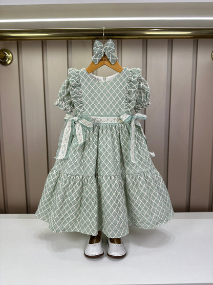 Vestido Bebê Clássico Luxo  Manga Babados e Laços Rendados Verde - Roana