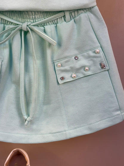 Conjunto Infantil Short  Com Cinto  E Blusa Turquesa Com Bolsos Bordados  Verde - Gabriela Aquarela