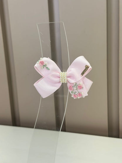 Laço Infantil Bordado Flores e Pérolas Rosa - Roana