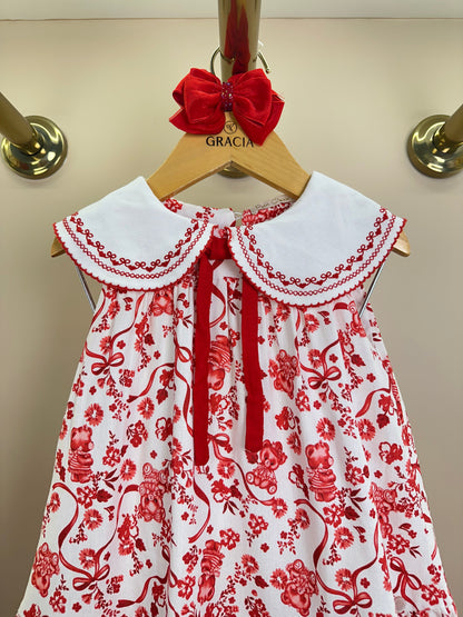 Vestido Infantil Linho Bordado Florais Vermelho - Petit Cherie
