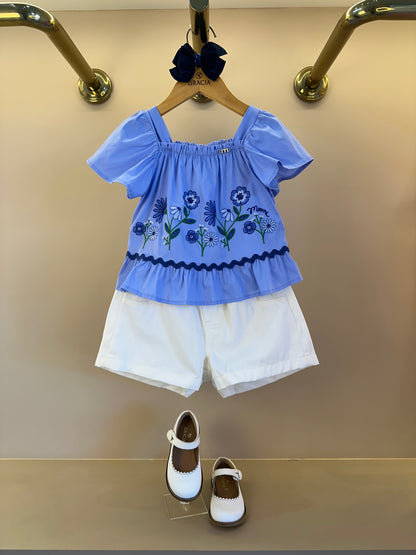 Conjunto Infantil Bata Ombro à Ombro Bordado Floral e Shorts Cós Elástico - Momi