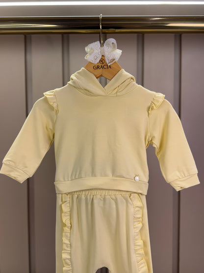 Conjunto Bebê Abrigo  Com Capuz E Calça  Com Babadinhos Amarelo - Um Mais Um