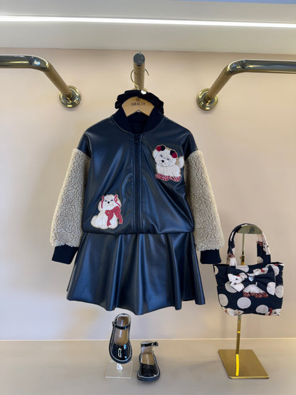 Conjunto Infantil Jaqueta Patches Couro Pele Carneirinho e Saia Evasê Couro Tech Preta - Pituchinhus