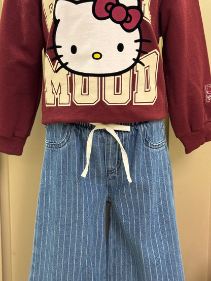 Conjunto Infantil Casaco  Over Hello Kitty Cranberry Juice e Calça Jeans Listrada Cós Duplo - Momi