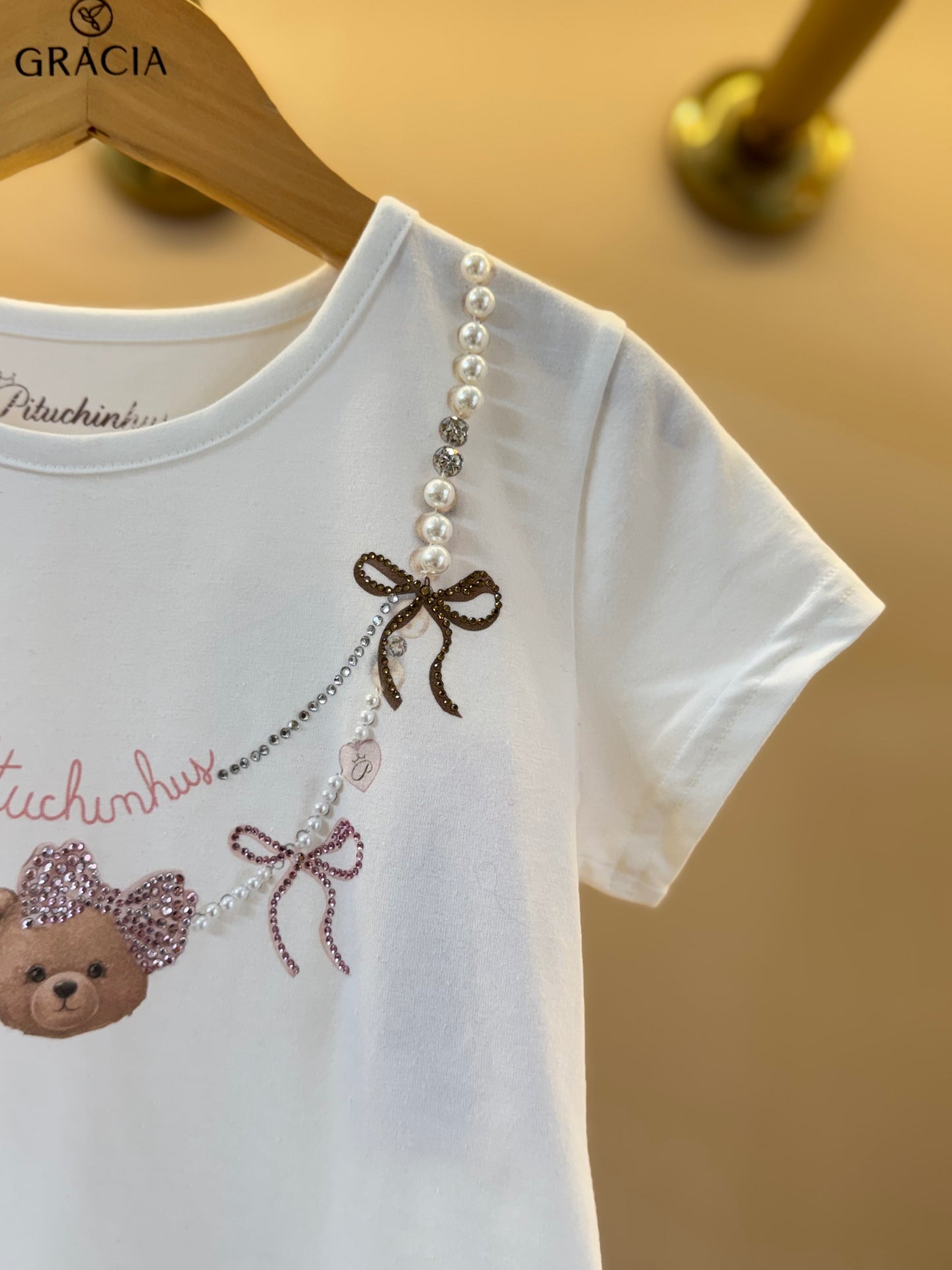 Blusa Infantil Algodão Cotton Ursinha Colar Bordado Off White - Pituchinhus