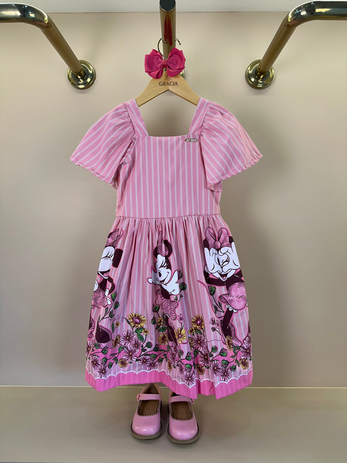 Vestido Infantil Rosa Listrado Minnie Floral - Animê