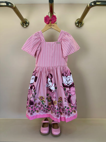 Vestido Infantil Rosa Listrado Minnie Floral - Animê