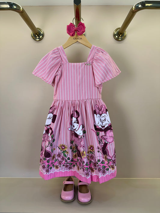 Vestido Infantil Rosa Listrado Minnie Floral - Animê