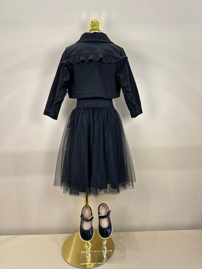 Conjunto Infantil Regata Lacinho Bordado e Saia-shorts Tule Lacinhos Veludo Preta - Pituchinhus