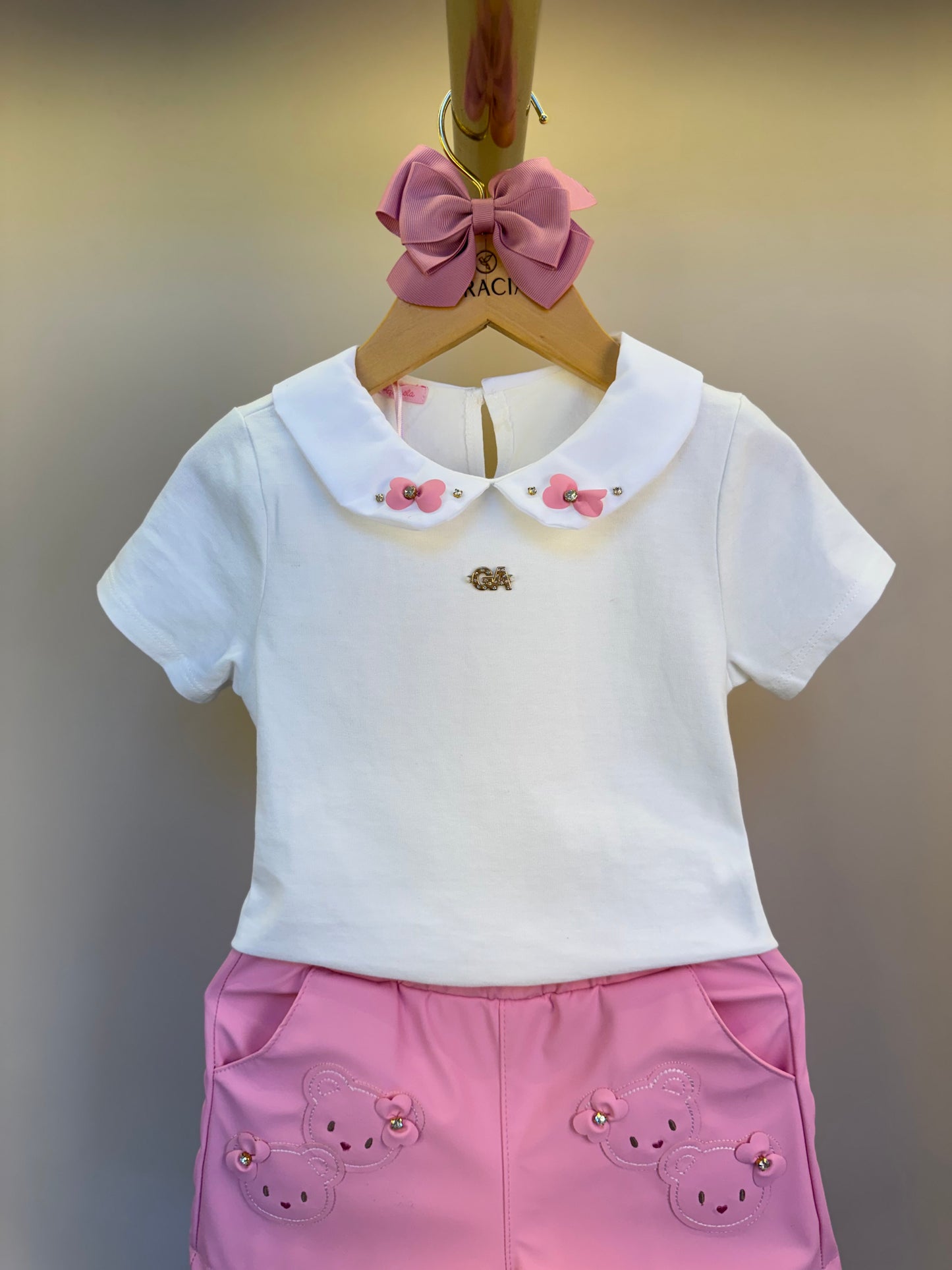 Conjunto Infantil Short Bordado Ursinhos E Blusa Gola Com Detalhes Off White - Gabriela Aquarela