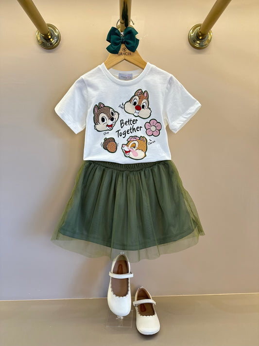 Conjunto Infantil Blusa Tico e Teco Better Together Strass Pérola e Saia Tule Verde Musgo - Momi