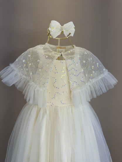 Vestido Infantil Festa com Capa Tule Bordado Creme - Petit Cherie