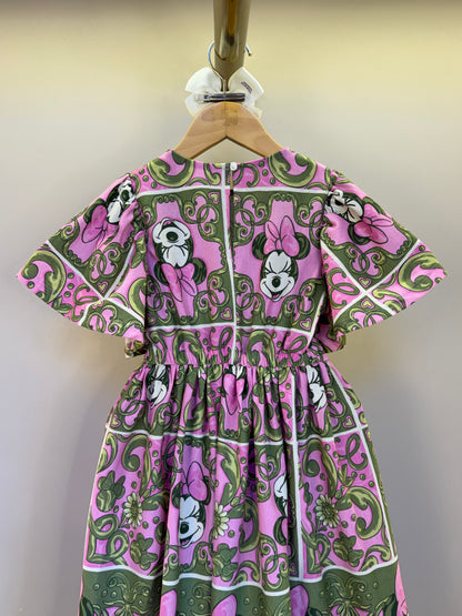 Vestido Infantil Algodão Maxi Minnie Barrado Rosa e Verde Forest - Animê