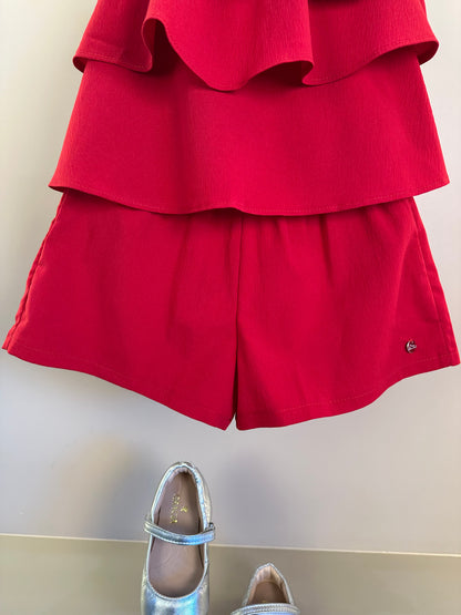 Conjunto Infantil Blusa Babado Laço Lateral e Shorts Vermelho - Mon Sucre