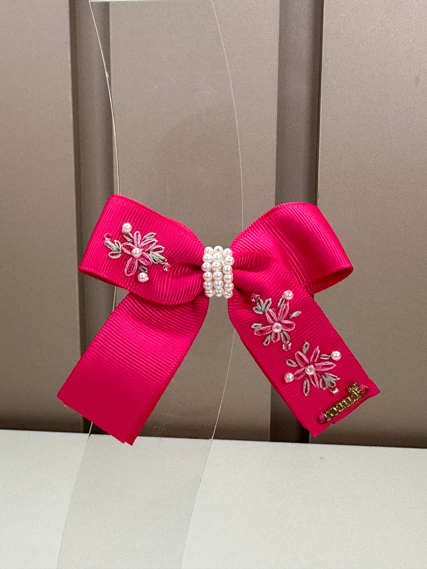 Presilha Infantil Laço Longo Pink Flores Bordadas - Roana