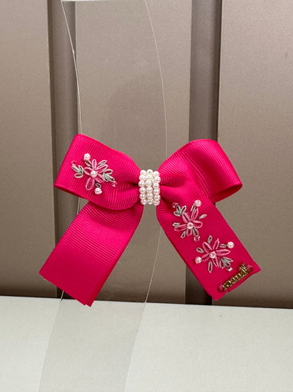 Presilha Infantil Laço Longo Pink Flores Bordadas - Roana