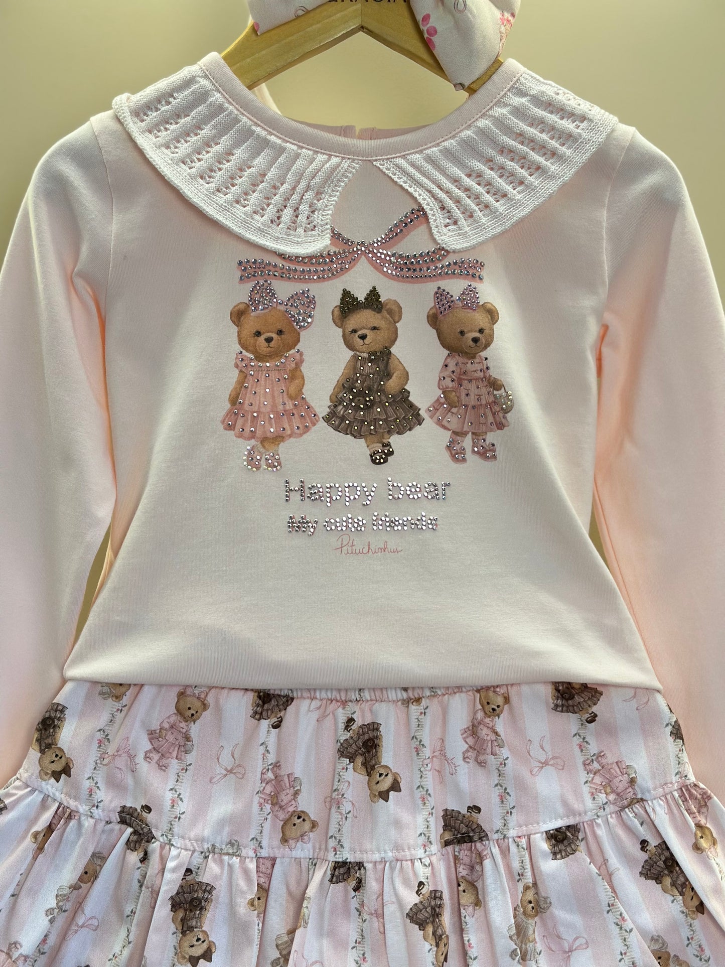 Conjunto Infantil Algodão Blusa Cotton Ursinhas Happy Gola Tricot e Saia Babados Ursinhas Listras - Pituchinhus