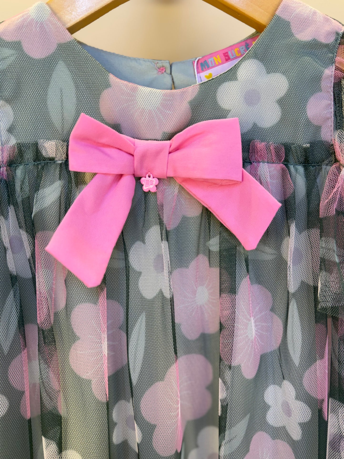 Vestido Infantil Trapézio Tule Estampado Flores - Mon Sucre