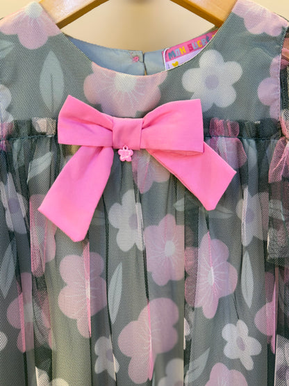 Vestido Infantil Trapézio Tule Estampado Flores - Mon Sucre