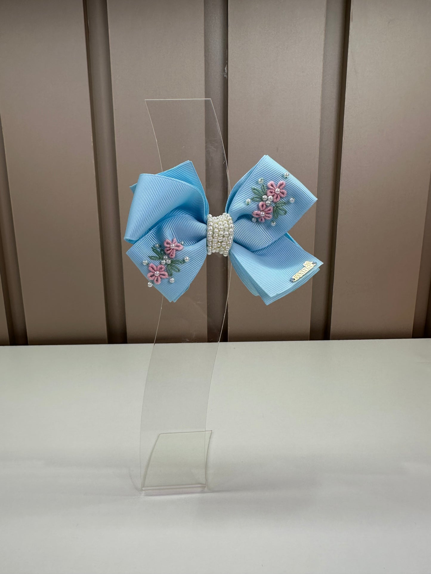 Presilha infantil Laço Azul Bordado Flores - Roana