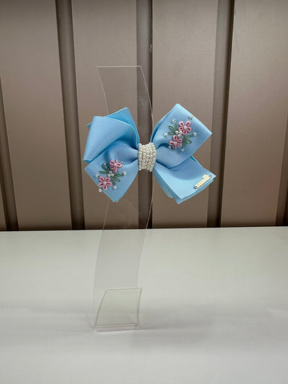Presilha infantil Laço Azul Bordado Flores - Roana