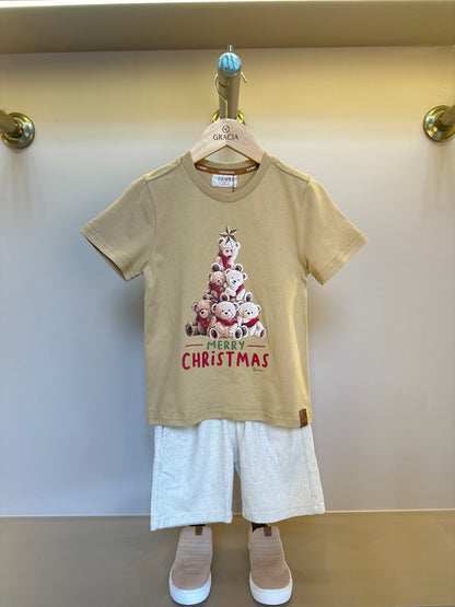 Conjunto Infantil Camiseta Algodão Teddy Natal e Bermuda Linho Elastano Bege - Dame