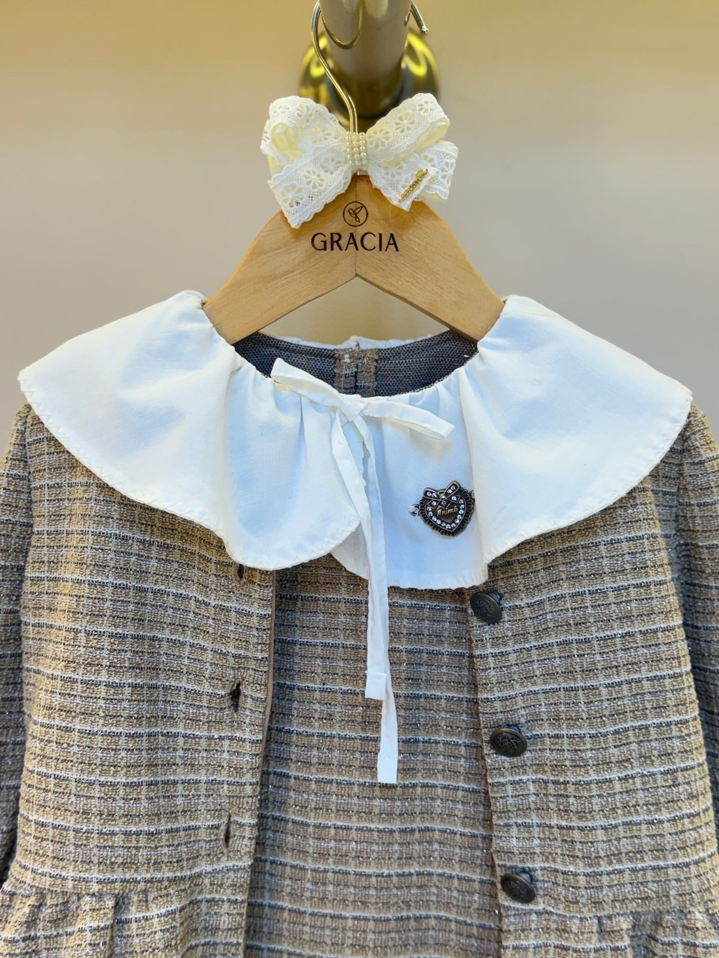 Vestido Infantil no Tweed com Casaco Tweed Bege - Animê