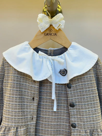 Vestido Infantil no Tweed com Casaco Tweed Bege - Animê